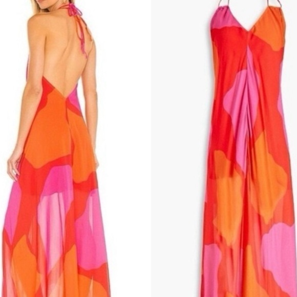 Vix Paula Hermanny Red Pink Orange Backless Flowy Halter Maxi Dress Small - Picture 2 of 11